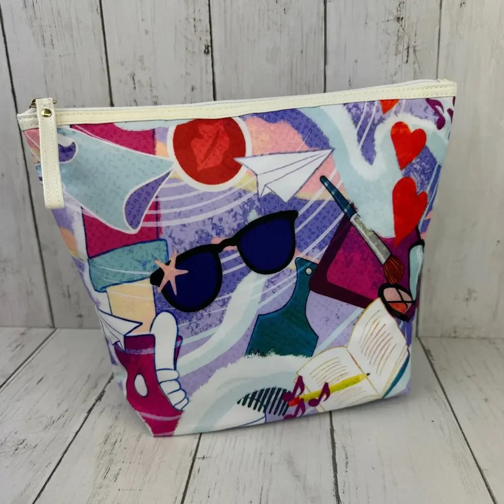 New Dove Colorful Print Sunglasses Sneakers Zip Top Cosmetic Nylon Makeup Bag